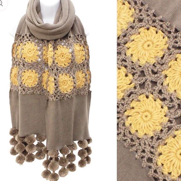 Elegant Essence New York Accessories - NWT Elegant Essence New York huge crocheted grey pale yellow scarf.